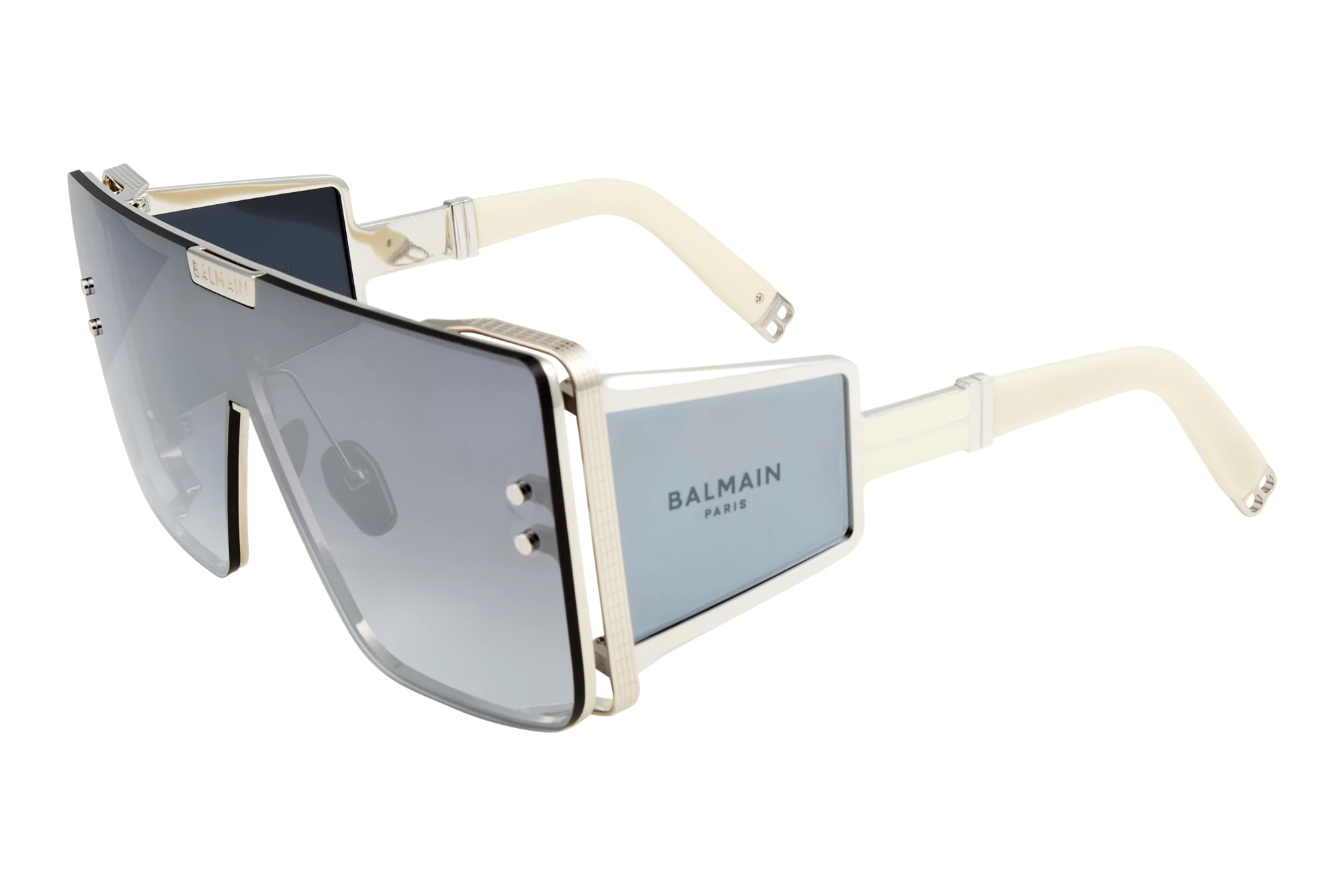 Balmain Paris BPS-102 F Shield: Dark Grey to Clear - Silver Mirror - AR and Side Shield: Dark Grey to Clear- Silver Mirror-ARSilver - Matte Bone Balmain Paris BPS-102 F Shield: Dark Grey to Clear - Silver Mirror - AR and Side Shield: Dark Grey to Clear- Silver Mirror-ARSilver - Matte Bone